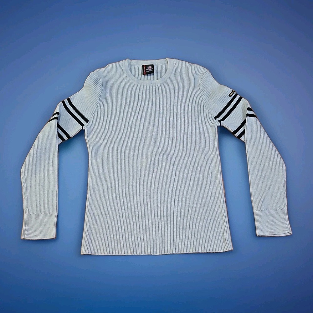 Polo Jeans Co Ralph Lauren Grey Ribbed Knit Crewneck Sweater Stripe Sleeve Large